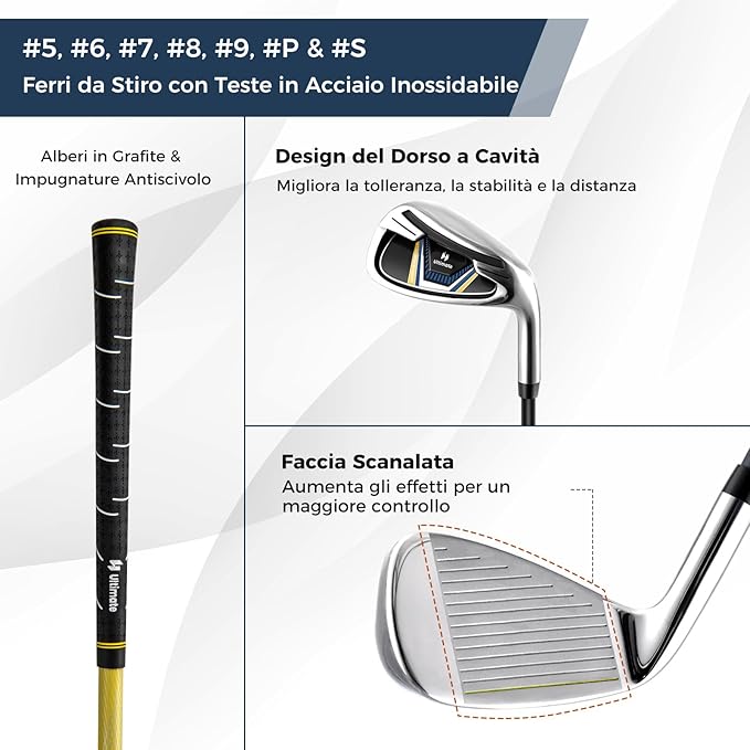Set Completo di Mazze da Golf con Sacca a Treppiede, Include con Driver 1 da 460CC, Legno 3, Ibrido, Ferri 5, 6, 7, 8, 9, P, S, Putter e Copertura Antipioggia per Destrimani