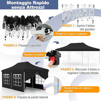 Gazebo da Giardino 3 x 6 m, Tendone per Feste con 6 Pannelli Laterali Rimovibili, con Borsa da Trasporto, Design Pop-up, per Matrimonio Eventi e Barbecue (Nero)