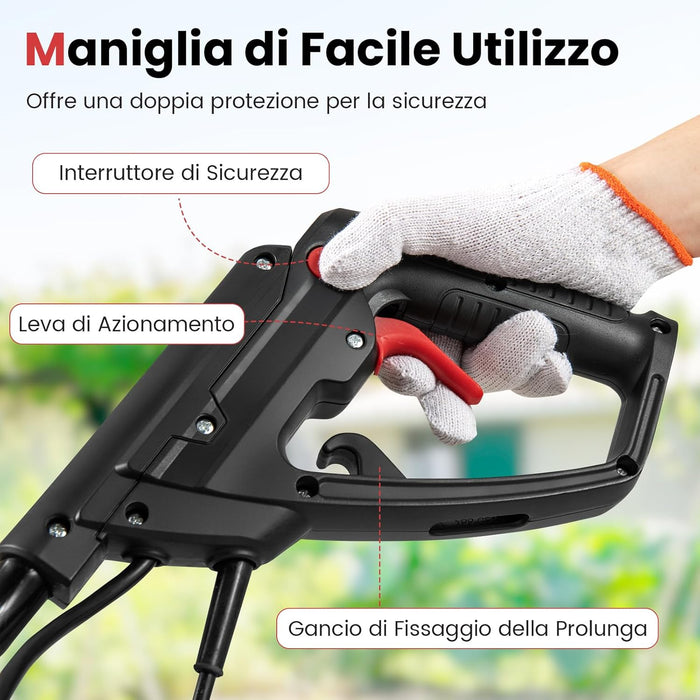 Motozappa Elettrica a Filo, Zappatrice da Giardino con Manico Ergonomico e Motore Forte, Motocoltivatore Pieghevole per Scavare Terreno del Prato (36,5 x 24 x 138 cm,Rosso)