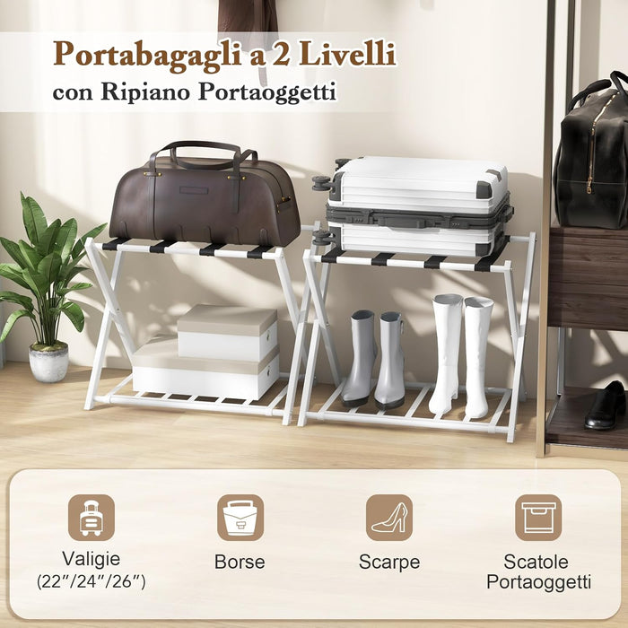 Portavaligie Pieghevole, Porta Valigie Poggia Bagaglio a 2 Ripiani, Cavalletto da Valigie, per Hotel e Viaggio, in Metallo, 68 x 43 x 56 cm (Bianco 2)