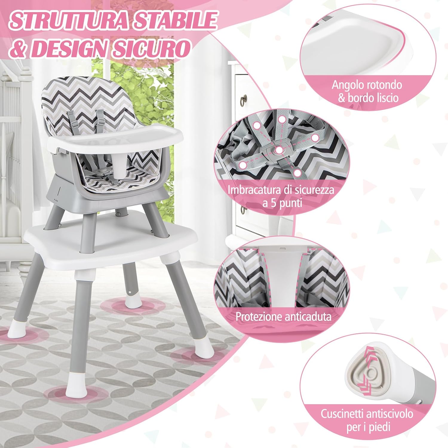 Seggiolone Pappa per Bambini 6 in 1, Seggiolone per Neonati Convertibile, Tavolo per Costruzioni per Bambini, con Imbracatura a 5 Punti, per Bambini da 6 Mesi fino 3 Anni (Gessato)