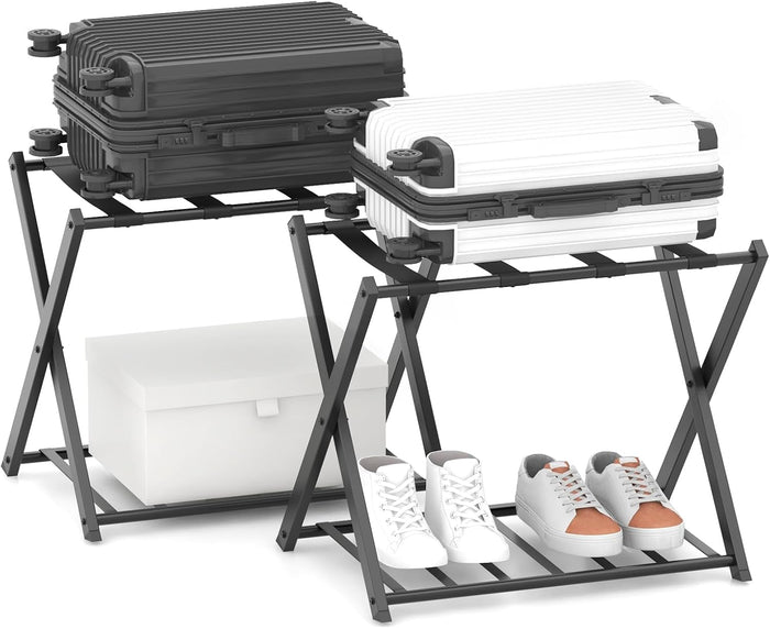 Portavaligie Pieghevole, Porta Valigie Poggia Bagaglio a 2 Ripiani, Cavalletto da Valigie, per Hotel e Viaggio, in Metallo, 68 x 43 x 56 cm (Nero 2)