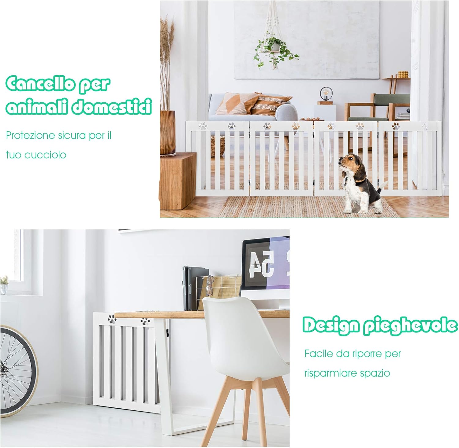 Cancelletto di Sicurezza Pieghevole, Barriera per Animali Domestici, in Legno, 4 Pannelli, 203 x 60 x 1,5 cm (Bianco)