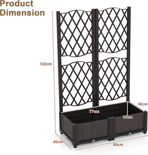 Fioriera con Spalliera da Esterno in PE, Vaso Rettangolare da Giardino con Auto-Irrigante e Fori di Drenaggio, Fioriera con Grigliato per Rampicanti da Balcone (Marrone, 80 x 40 x 122 cm)
