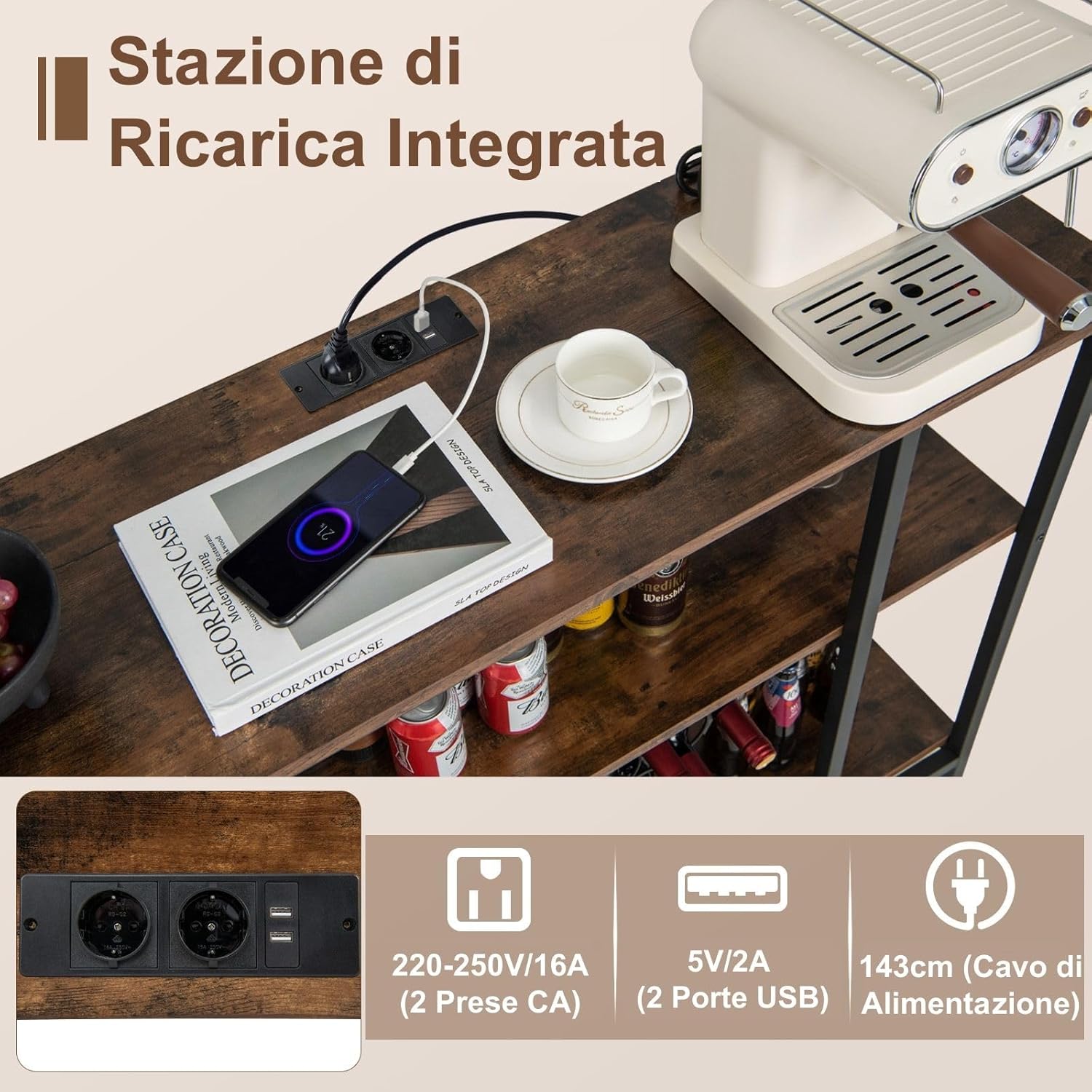 Mobile Bar Vino, Portabottiglie Industriale con 3 Ripiani, Porta Calici, Porte USB e Prese, Mobile Portabottiglie di Vino con Struttura in Metallo, 113 x 35 x 85 cm (Marrone)