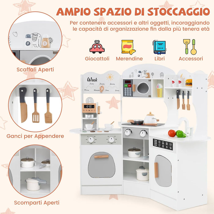 Cucina Giocattolo Angolare con Fornelli e Micronde da Suoni e Luci, Cucina per Bambini in Legno con Macchina Caffè, Lavandelo, Forno e Lavatrice, Set Cucina con Accessori (Bianco)