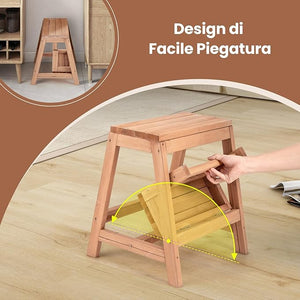 Sgabello Scala in Legno di Abete a 2 Gradini a Ribalta, Scaletta Pieghevole Salvaspazio per Bagno e Libreria, Scaletta Portavasi Multiuso Mensola Fioriere per Balconi e Casa, 50 x 39 x 45 cm