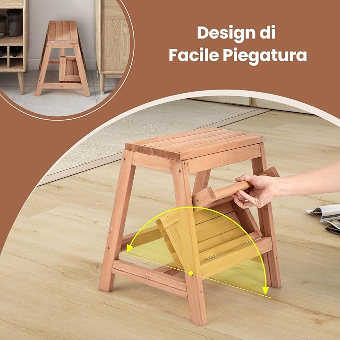 Sgabello Scala in Legno di Abete a 2 Gradini a Ribalta, Scaletta Pieghevole Salvaspazio per Bagno e Libreria, Scaletta Portavasi Multiuso Mensola Fioriere per Balconi e Casa, 50 x 39 x 45 cm