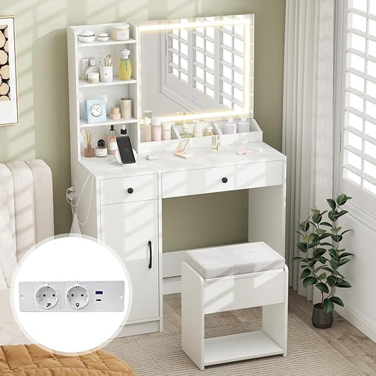 Tavolo da Toeletta con Luci, Set Tavolo e Sgabello con Stazione di Ricarica, Luci a 3 Colori, 2 Cassetti, 3 Ripiani, Sgabello con Contenitore, 90 x 40 x 135 cm, per Soggiorno Camera da Letto