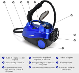 2000W Pulitore a Vapore con 19 Accessori e Serbatoio da 1,5L, Vapore per Tappeti, per Pulizie Profonde Pavimenti Finestre e Macchine (blu)