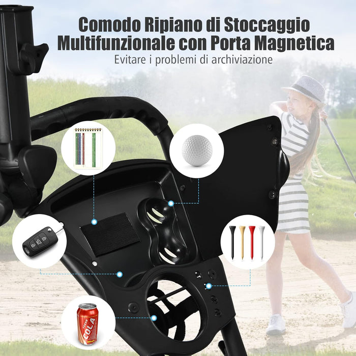 Carrello da Golf Pieghevole con 3 Ruote, Struttura in Alluminio, Cinghia Elastica, Portaombrello Regolabile e Porta Bicchiere, Segnapunti e Freno a Pedale (Rosso)