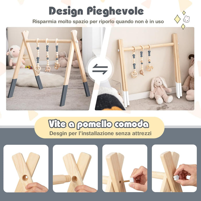 Palestrina per Bambini, Palestrina con Giocattoli per Dentizione Sviluppo Cerebrale Stimolazione Sensoriale, Pieghevole, in Legno, per Bambini 3+ Mesi (Grigio)