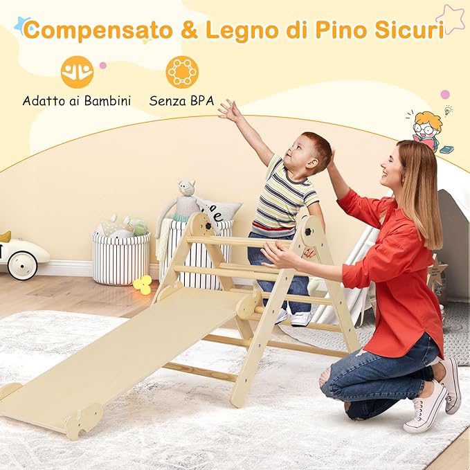 3 in 1 Set da Arrampicata per Bambini, Giocattoli da Arrampicata Triangolari Pieghevoli, Altezza Regolabili, con Scivolo/Rampe da Arrampicata, Carico 60 kg (Naturale)