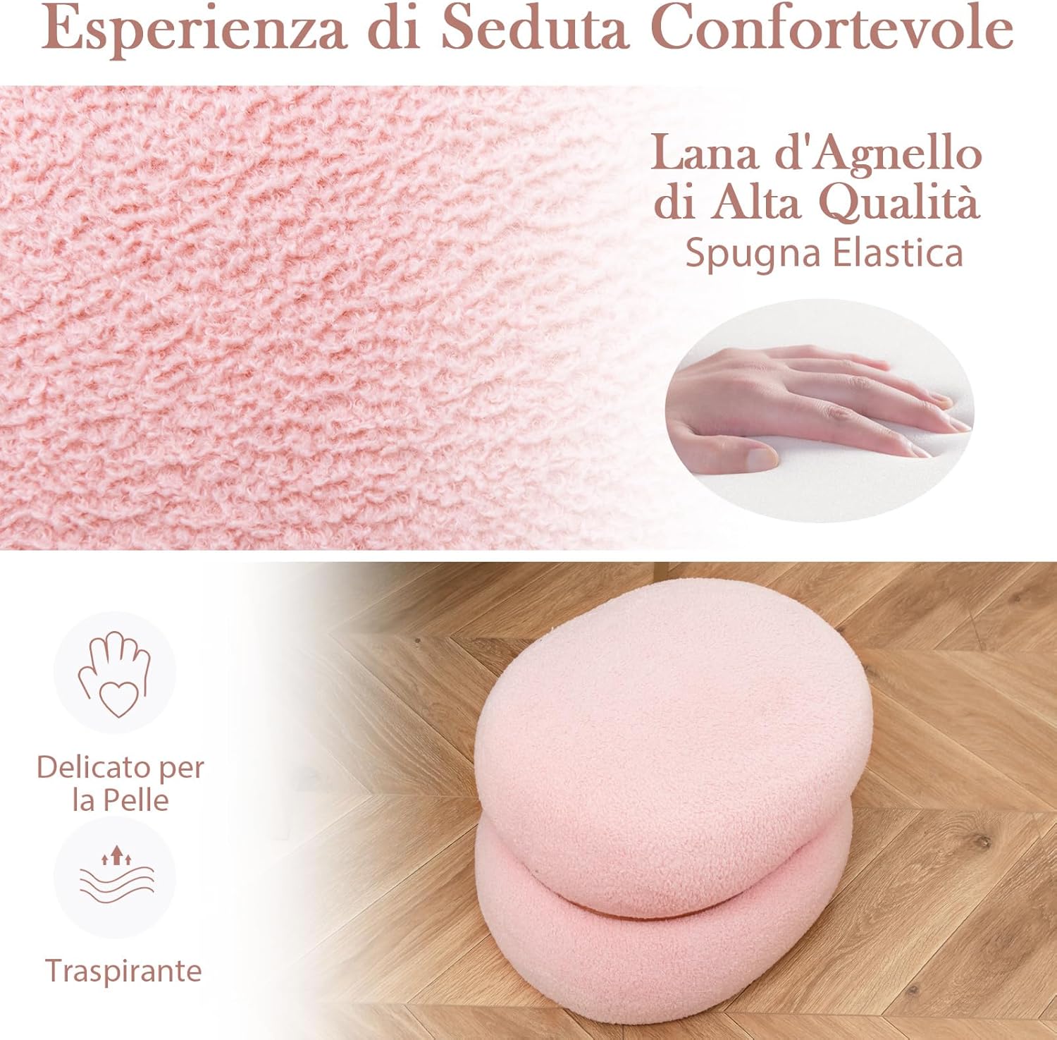 Ottomano Ovale da 35 cm, Pouf Imbottito con Anello di Legno, Poggiapiedi Polifunzionale per Soggiorno, Ingresso, Camera da Letto, 44 x 35 x 35 cm