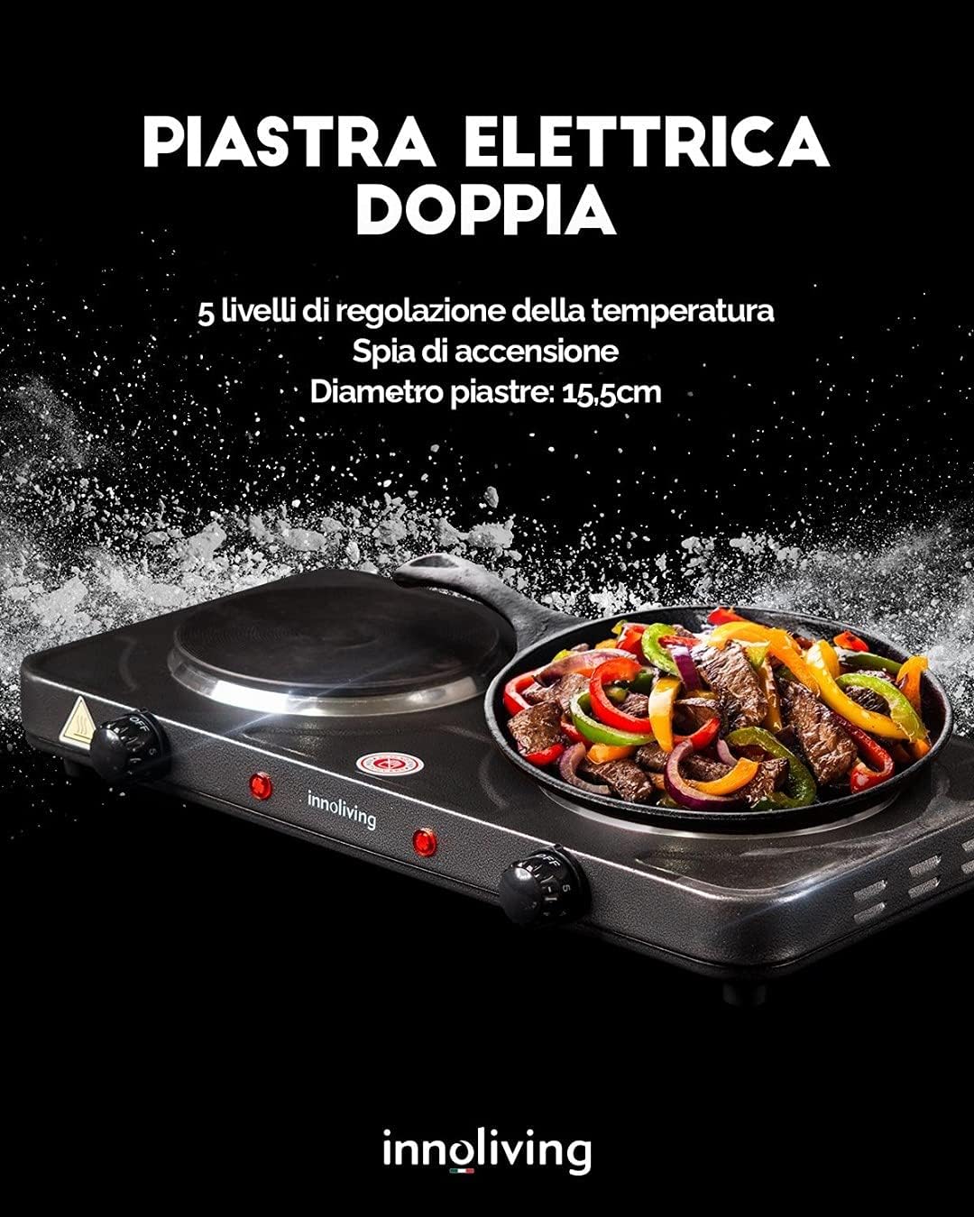 Innoliving Piastra Elettrica Doppia INN-748 con Diametro Piastre 15,5cm, 5 Livelli di Regolazione Temperatura