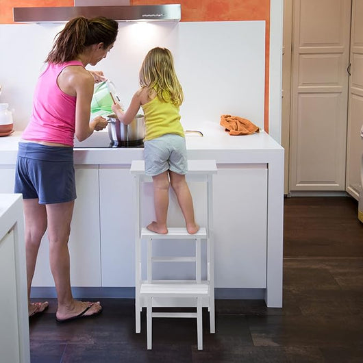 Scaletta Pieghevole, 3 in 1 Scaletta e Sgabello in Legno di Gomma Multifunzione, 3 Gradini, Reversibili Impugnatura, Capacità di Carico 310 kg, Ideale per Studio, Soggiorno (Bianco)