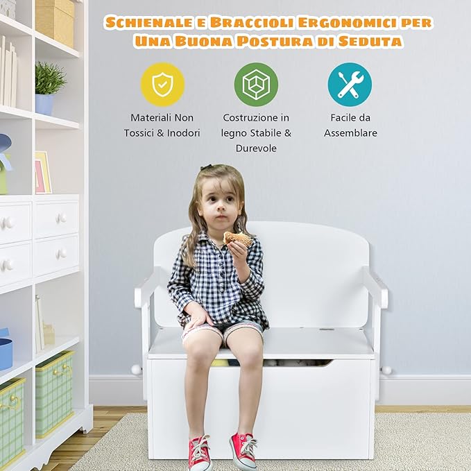 Cassapanca Contenitore 3 in 1 per Bambini Trasformabile in Legno con Scatola dei Giocattoli, Tavolo bambini con Sedie Multifunzione per 3-7 Anni (Bianco)