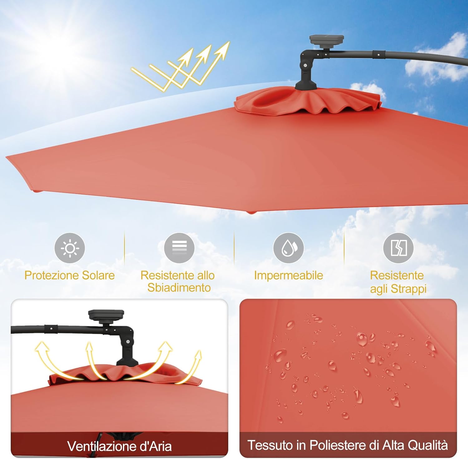 Ombrellone da Giardino ∅300 cm con 32 Luci LED, Ombrellone Prendisole con Rotazione di 360°, Inclinazione Regolabile, 8 Stecche, Manovella, per Giardino Piscina Cortile (Arancione)