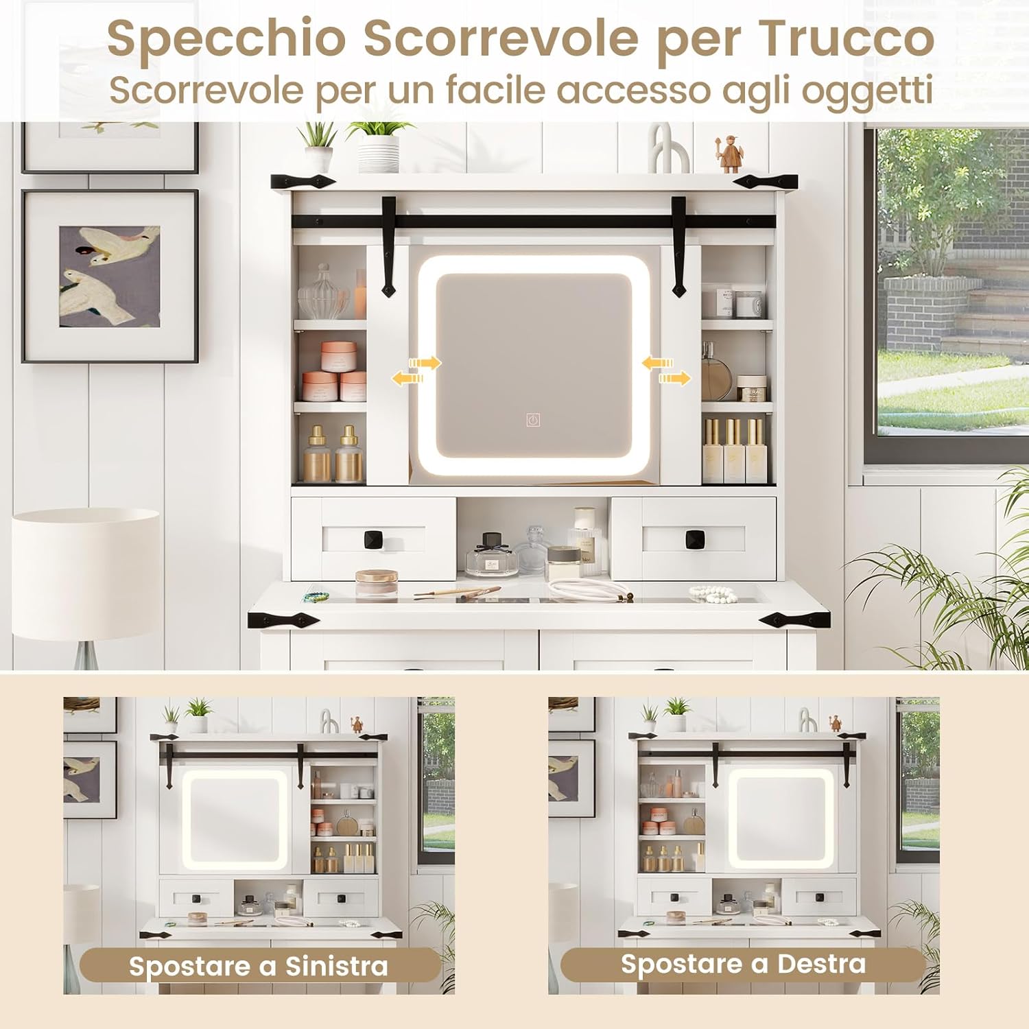 Toeletta da Trucco con Luci LED a 3 Colori Luminosit¨¤ Regolabile, Tavolo da Trucco con Specchio Scorrevole e Piano di Vetro, Postazione Trucco con 4 Cassetti e Ripiani Regolabili, Bianco