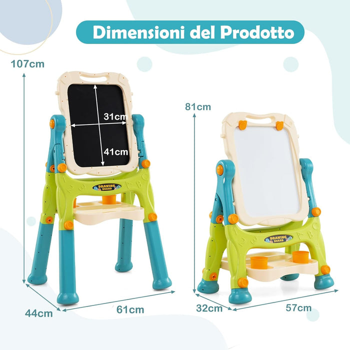 Cavalletto per Bambini, Lavagna Magnetica a Doppia Faccia Regolabile in Altezza, Tavolo da Disegno Staccabile con Manico Portatile e 2 Tazze, per Bambini 3 Anni + (Verde+Blu)