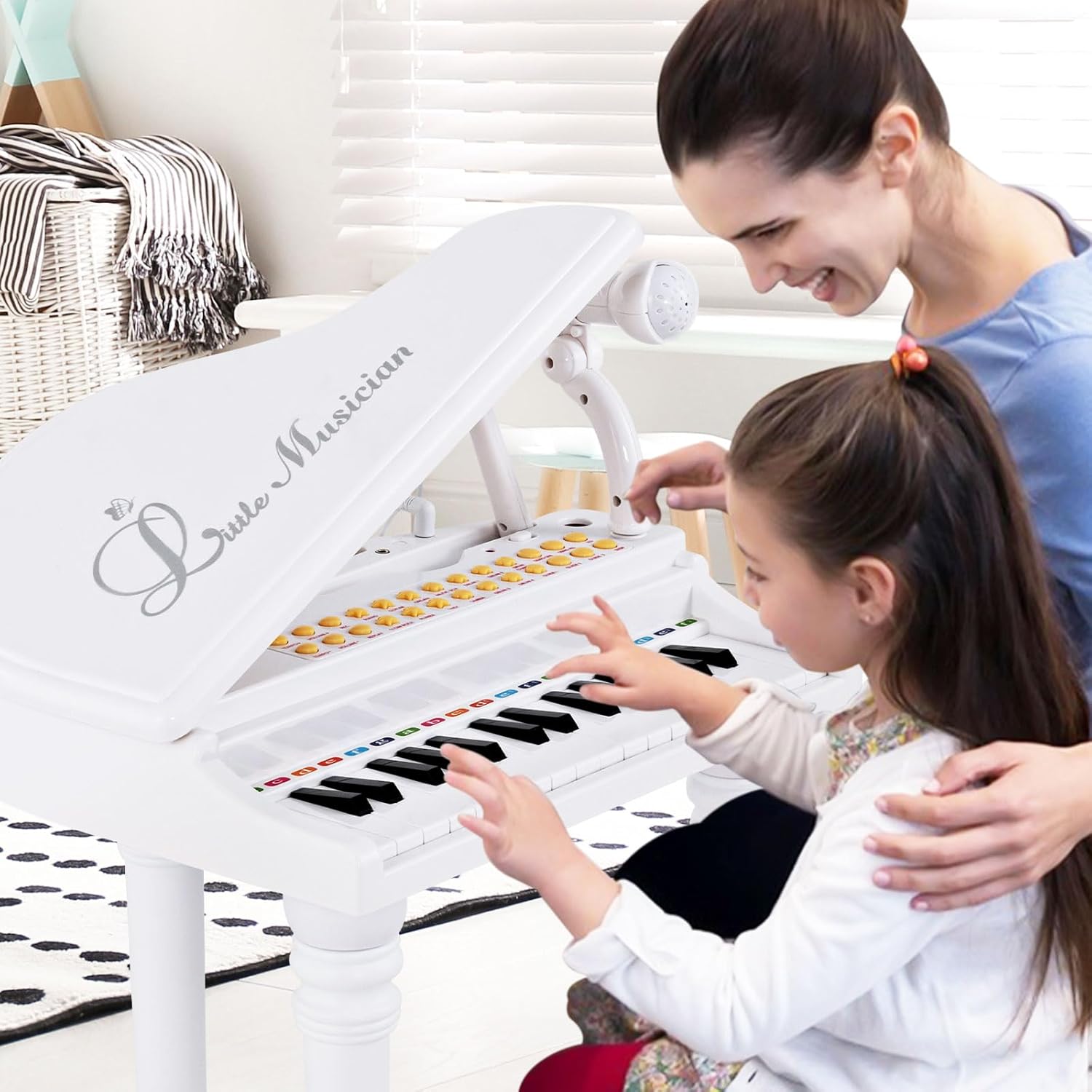 Tastiera Pianoforte a 31 Tasti con Microfono e Sgabello, Pianoforte Giocattolo Portatile con Modalità di Insegnamento a LED, Pianoforte a Coda per Bambini 3+ Anni (Bianco), 35 x 30 x 55 cm
