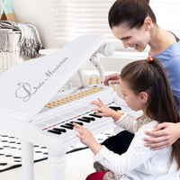 Tastiera Pianoforte a 31 Tasti con Microfono e Sgabello, Pianoforte Giocattolo Portatile con Modalità di Insegnamento a LED, Pianoforte a Coda per Bambini 3+ Anni (Bianco), 35 x 30 x 55 cm