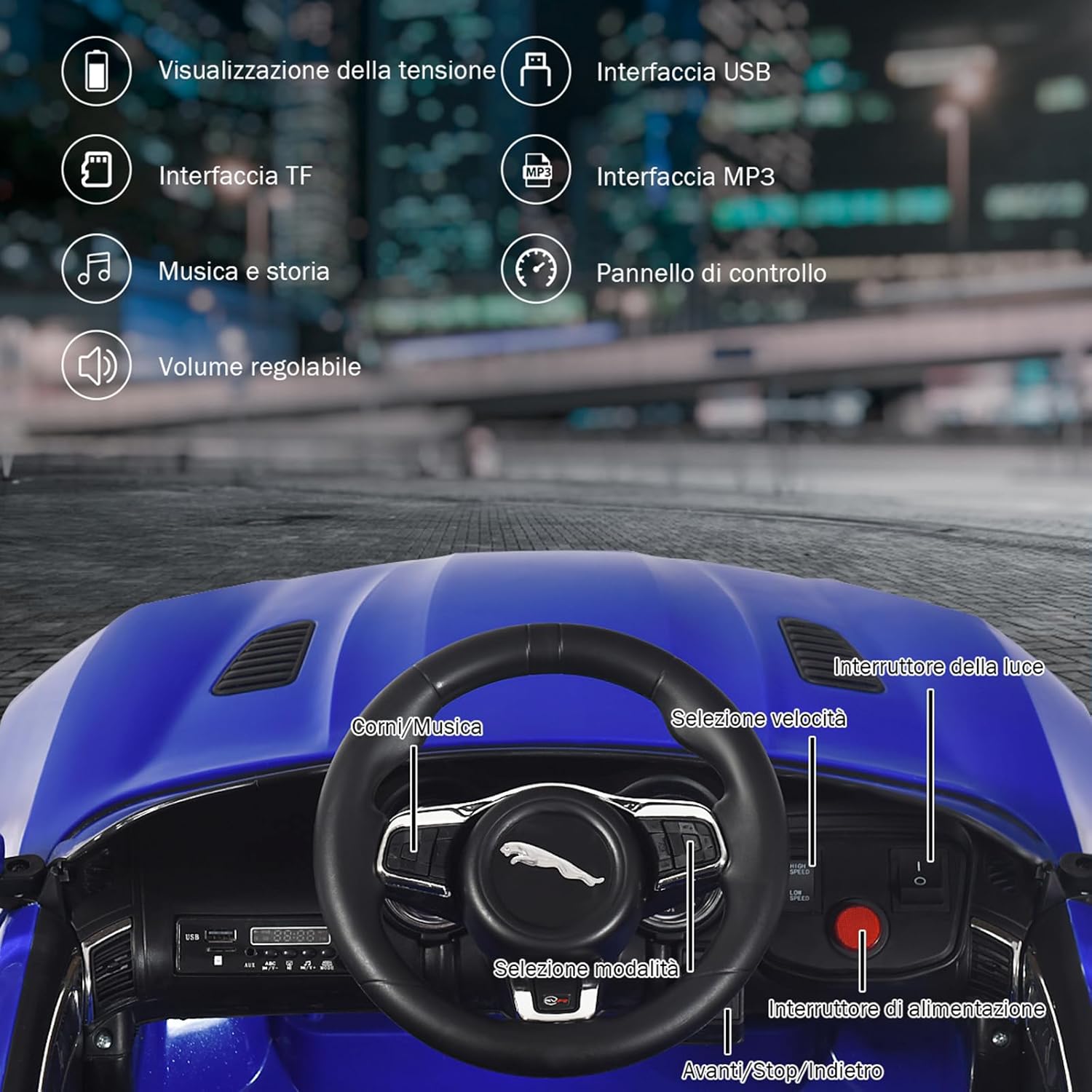 Jaguar Auto Elettrico 12 V per Bambini, Macchina Elettrica con Telecomando, con Luci Musica Storia, Avvio Lento, Velocit¨¤ 3-5 km/h (Blu)