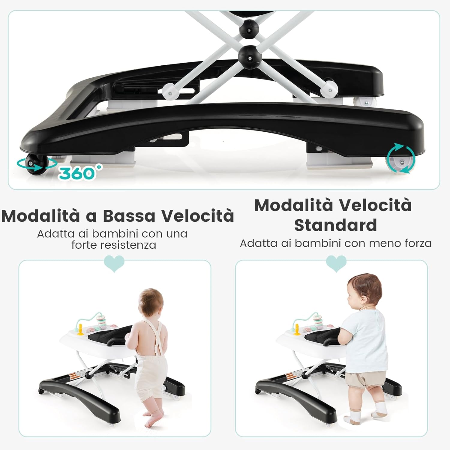 3 in 1 Girello per Bambini, Girello Pieghevole per Bambini, con 3 Altezze Regolabili, Sedile Imbottito e Piatto Giocattolo Rimovibile, Girello a Spinta con Ruote, per Bambini 6+ Mesi (Nero)