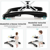 3 in 1 Girello per Bambini, Girello Pieghevole per Bambini, con 3 Altezze Regolabili, Sedile Imbottito e Piatto Giocattolo Rimovibile, Girello a Spinta con Ruote, per Bambini 6+ Mesi (Nero)