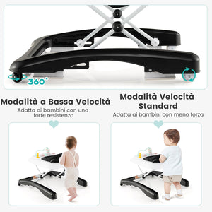 3 in 1 Girello per Bambini, Girello Pieghevole per Bambini, con 3 Altezze Regolabili, Sedile Imbottito e Piatto Giocattolo Rimovibile, Girello a Spinta con Ruote, per Bambini 6+ Mesi (Nero)