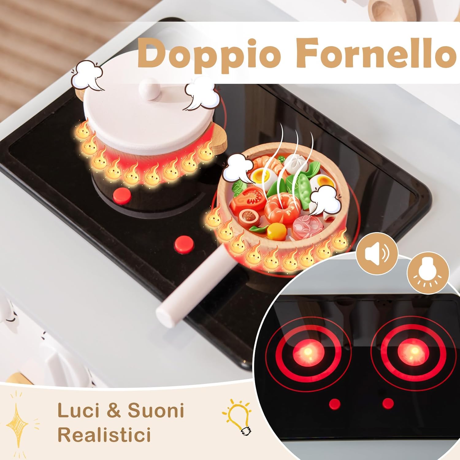 Cucina Giocattolo con Fornelli a Suoni e Luci Reali, Cucina per Bambini in Legno con Lavandelo Estrabile, Rubinetto e Forno, Set Cucina con 11 Accessori, 55 x 31 x 75 cm (Bianco)