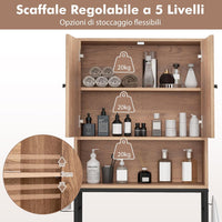 Scaffale Bagno 165,5 cm Sopra WC, Mobile Bagno Salvaspazio con 2 Porte, Ripiano Regolabile, Bara Inferiore Regolabile, 2 Ganci Laterali, Organizzatore sopra Gabinetto per Lavanderia (Naturale)