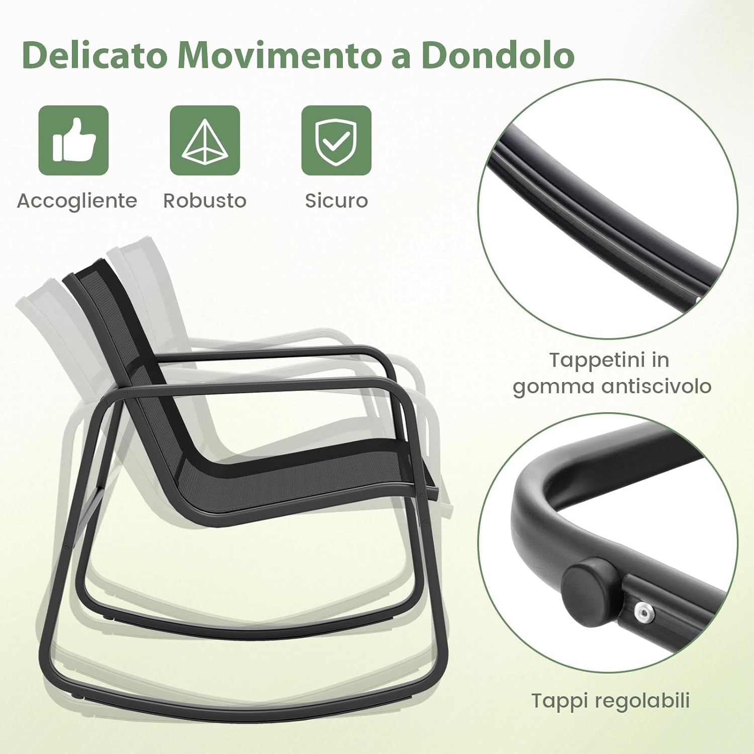 Set Tavolino e Sedie da Giardino, Set di Mobili a Dondolo, Set Bistrò 3 Pezzi, Tavolino in Vetro Temperato, Sedie in Textilene, per Giardino Cortile Piscina (Nero)