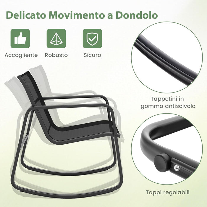 Set Tavolino e Sedie da Giardino, Set di Mobili a Dondolo, Set Bistrò 3 Pezzi, Tavolino in Vetro Temperato, Sedie in Textilene, per Giardino Cortile Piscina (Nero)