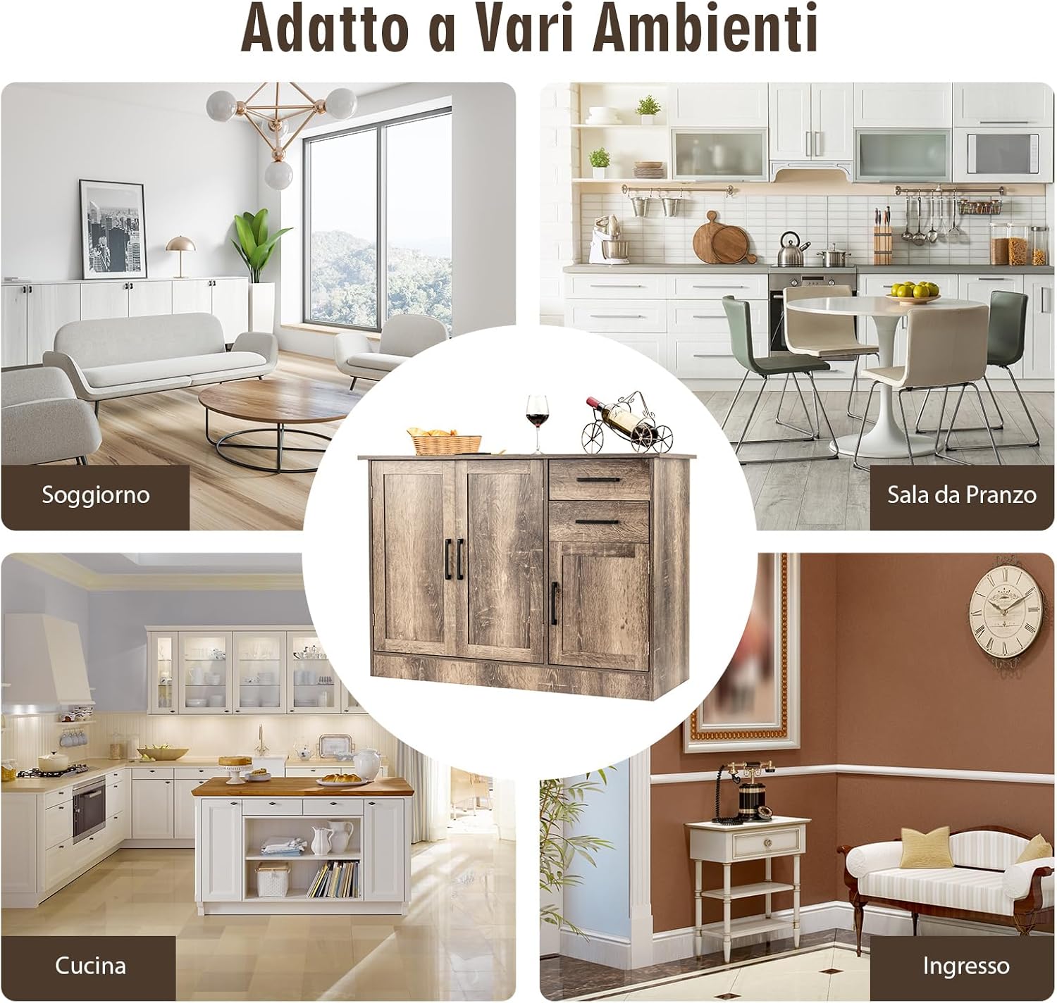 Credenza da Cucina, Mobile Buffet da Terra con 2 Cassetti, 3 Ante e 1 Ripiano Regolabile, per Sala da Pranzo, Cucina, Salotto, Ingresso, Grigio