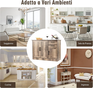 Credenza da Cucina, Mobile Buffet da Terra con 2 Cassetti, 3 Ante e 1 Ripiano Regolabile, per Sala da Pranzo, Cucina, Salotto, Ingresso, Grigio