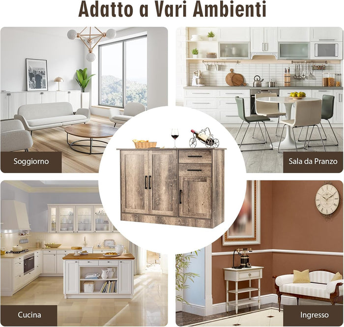 Credenza da Cucina, Mobile Buffet da Terra con 2 Cassetti, 3 Ante e 1 Ripiano Regolabile, per Sala da Pranzo, Cucina, Salotto, Ingresso, Grigio