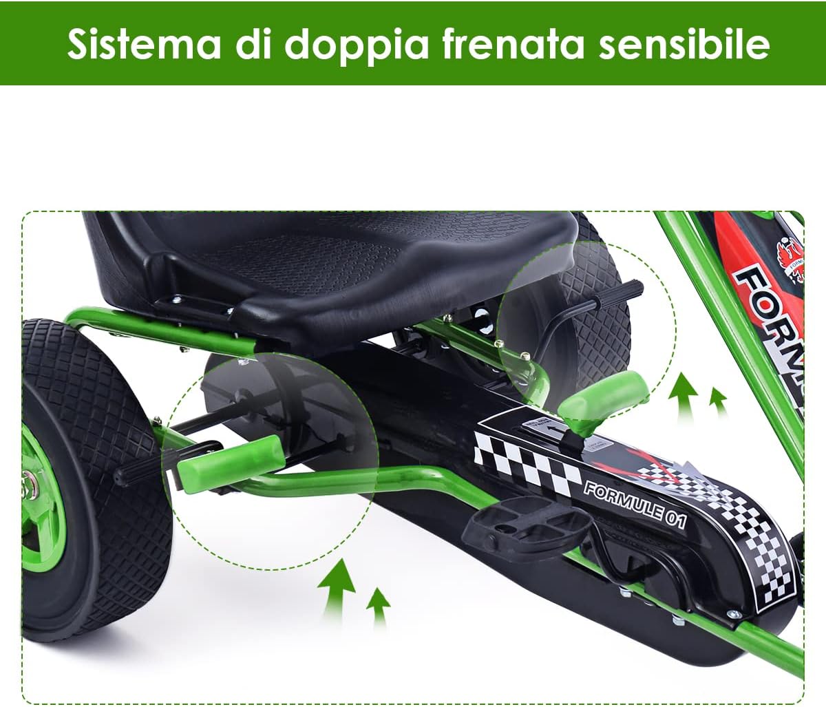 Go Kart a Pedali per Bambini, con Sedile Regolabile e Freno a Mano, Go Kart Veicolo per Bambini 3-8 Anni, Portata Massima 30 kg (Verde)