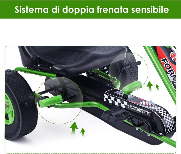 Go Kart a Pedali per Bambini, con Sedile Regolabile e Freno a Mano, Go Kart Veicolo per Bambini 3-8 Anni, Portata Massima 30 kg (Verde)