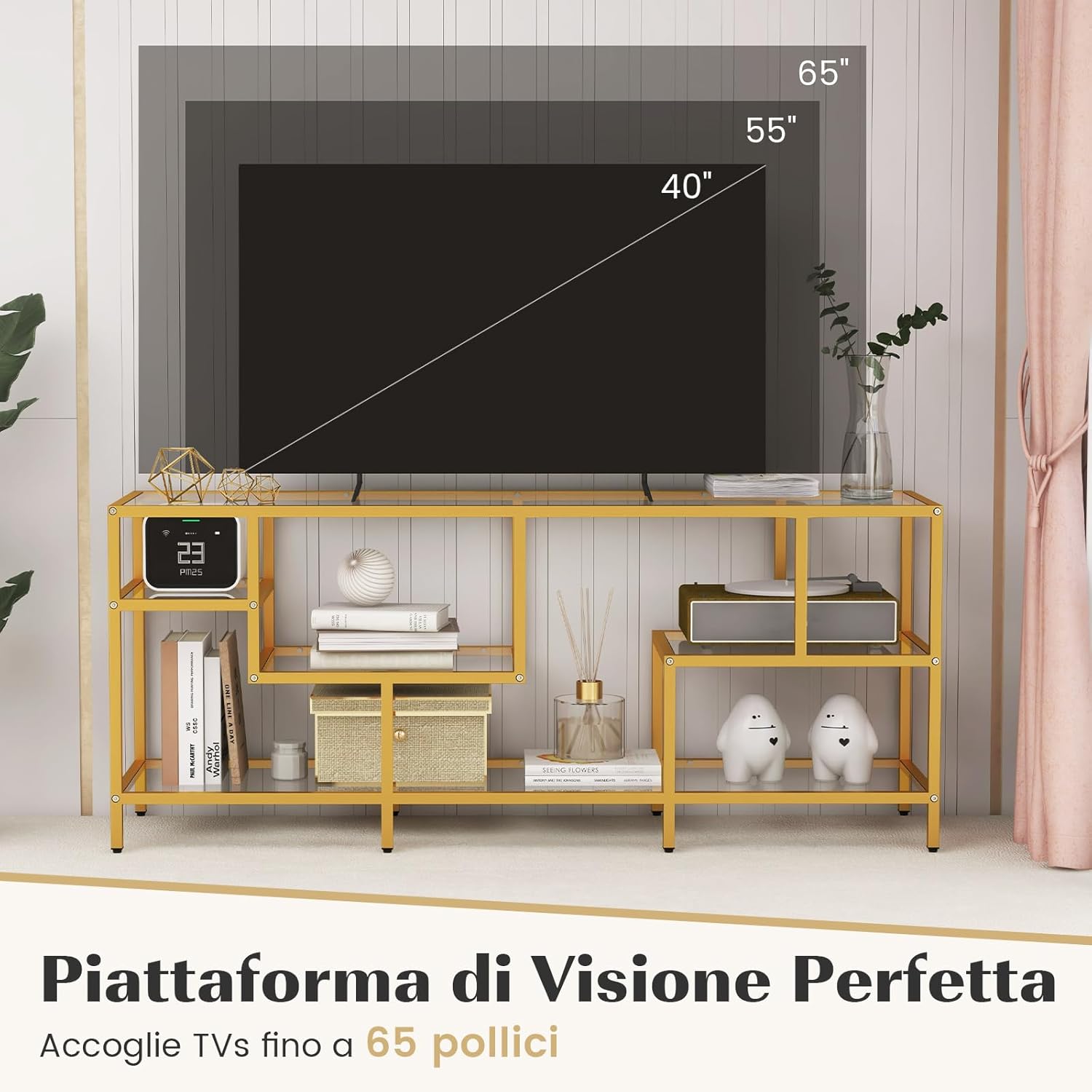 Mobile Porta TV fino a 65¡¯¡¯, Tavolo Consolle TV con Mensole in Vetro Temperato, Mobile TV con Struttura in Metallo, Supporto TV con Struttura in Metallo, per Soggiorno, Camera da Letto