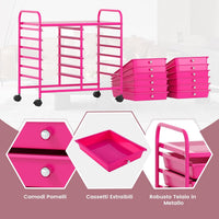 Carrello di Stoccaggio con 12 Cassetti, Carrello portaoggetti con 4 Ruote, Carrello Multiuso per Scuola Ufficio Cucina, 64 x 38 x 62 cm (12 cassetti Rosa)