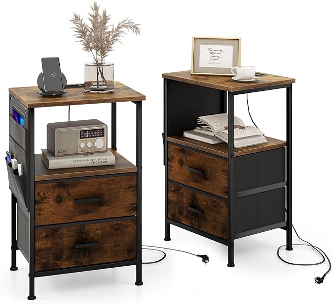 Tavolino con 2 Cassetti e 6 Tasche Laterali, Tavolino Versatile con Porte USB e Prese AC, Tavolino da Salotto e Camera da Letto, Marrone (38 x 30 x 60 cm, 2)