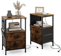 Tavolino con 2 Cassetti e 6 Tasche Laterali, Tavolino Versatile con Porte USB e Prese AC, Tavolino da Salotto e Camera da Letto, Marrone (38 x 30 x 60 cm, 2)