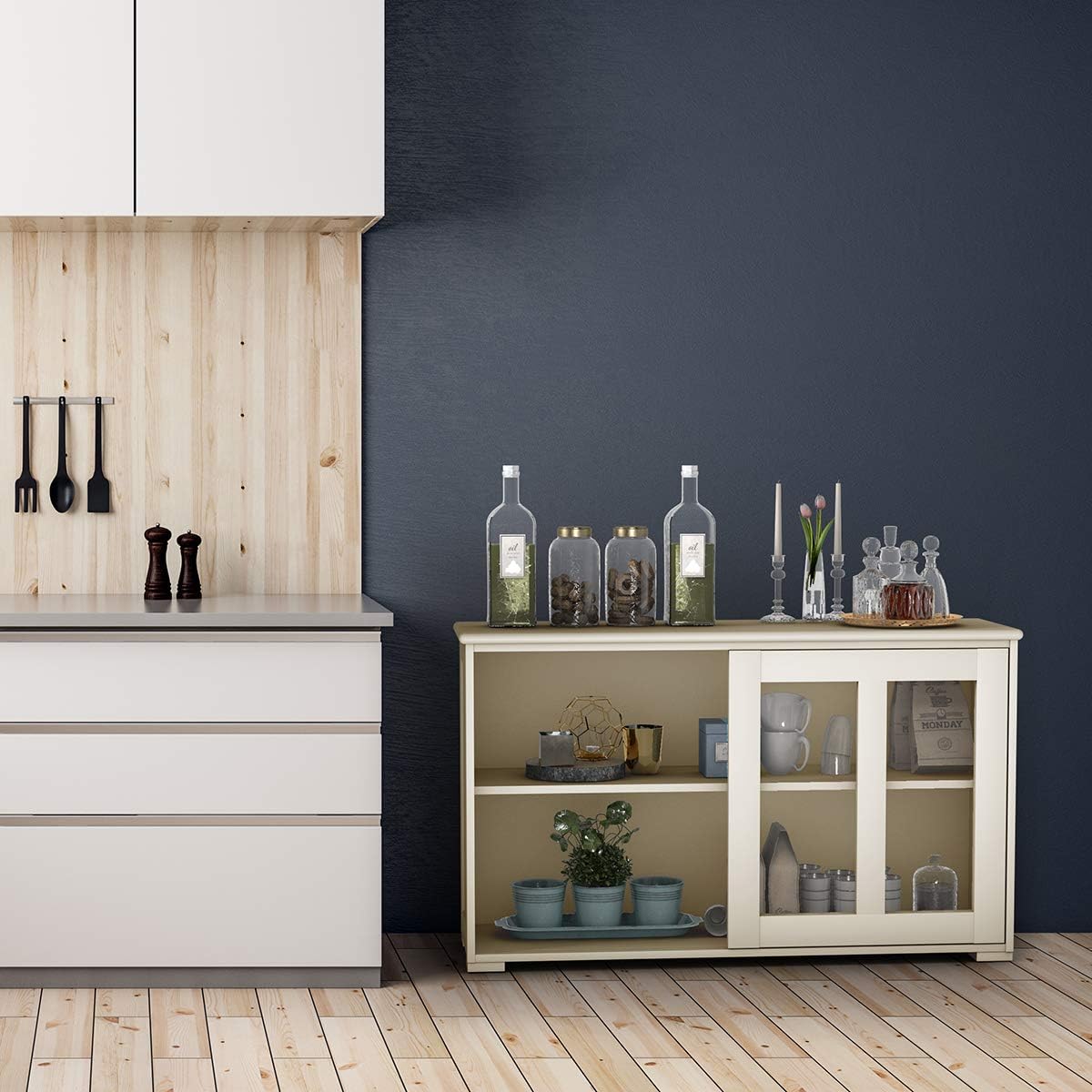 Armadietto da Cucina Mobile Laterale Multiuso con Ante Scorrevoli, in MDF e Vetro, 106,5 x 33 x 62,5 cm (Bianco Crema)