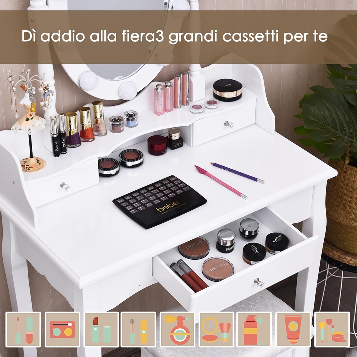 Toeletta da Trucco, Set Tavolo e Sgabello da Trucco, Specchio con 10 Luci LED, Toeletta Multifunzionale con 3 Cassetti, Specchio Rotante a 360?, Postazione Make-up Moderno (Bianco)