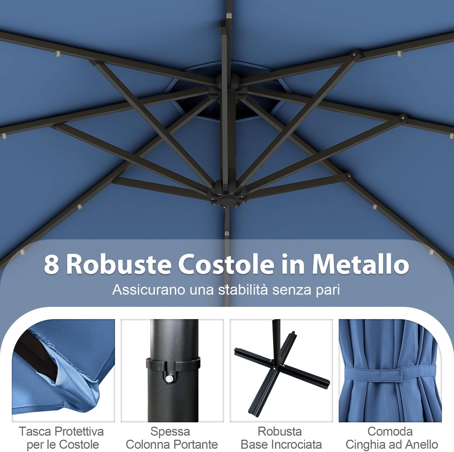 Ombrellone da Giardino ∅300 cm con 32 Luci LED, Ombrellone Prendisole con Rotazione di 360°, Inclinazione Regolabile, 8 Stecche, Manovella, per Giardino Piscina Cortile (Blu)