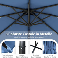 Ombrellone da Giardino ∅300 cm con 32 Luci LED, Ombrellone Prendisole con Rotazione di 360°, Inclinazione Regolabile, 8 Stecche, Manovella, per Giardino Piscina Cortile (Blu)