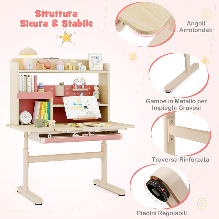 Scrivania per Bambini 3+ Anni, Tavolo da Studio Regolabile in Altezza con Libreria e Cassetto, Piano Inclinabile, Mensole, Leggio e Portapenne, Scrivania per Studiare (Rosa)