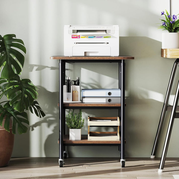 Supporto per Stampante, Carrello Stampante a 3 Livelli con Ripiani di Stoccaggio e Ruote con Blocco, Altezza Regolabile, per Stampante 3D Scanner Fax, 49 x 40 x 65/77 cm (Marrone)