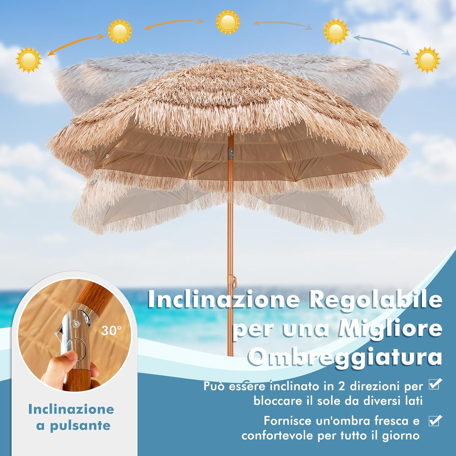 Ombrellone di Paglia in PP 208 cm, Ombrellone da Spiaggia Pieghevole, Parasole Hawaiano con Inclinabile in Metallo, Resistente all'Acqua e al Sole, per Spiaggia Giardino Balcone